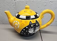 Laurel Burch Ceramic Polka Dot Cat Teapot Yellow / Black / White 1998 picture