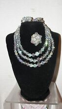 VINTAGE 3 STRAND GLASS / CRYSTAL BEADDED NECKLACE, CLIP EARRING & BROACH SET picture