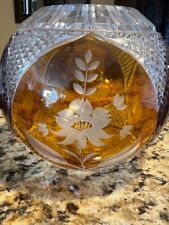 Amber Clear Cut Round Floral Crystal Vase - EUC picture