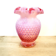 Vintage Fenton Cranberry Opalescent Hobnail Double-Crimped Vase C. 1940s-1950s picture