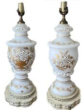 Vintage Bristol Blown White Glass Table Lamps Hand Painted Floral Pierced Bases picture