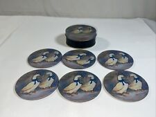 Vintage Winter Snow Geese W/Blue Ribbon Coaster Set in Org. Tin. Set of 6 picture