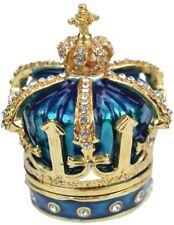 Bejeweled Crown Hinged Metal Enameled Rhinestone Trinket Box picture