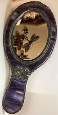 Antique Art Nouveau Rare Purple Slag Glass &Silver Vanity Hand Mirror Signed picture