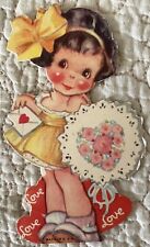 Unused Valentine Girl Yellow Dress Bow Heart Hold Vtg Greeting Card 1930s 1940s picture