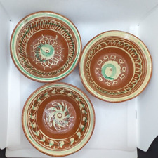 Set of 3 Antique Tlaquepaque Jaliska Red Clay Bowls Folk Art Swirl Design picture
