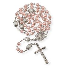 Pink Glass Pearl Beads Rosary White Our Father Beaded Necklace Lourdes Medal picture