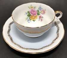 Vtg 1940s WWII Era Royal Stafford Pale Blue Gold Feathered Gilt Tea Cup & Saucer picture