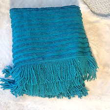 Teal Green Twin Chenille Fringe Old Fashioned Bedspread Cottage Boho 100% Cotton picture