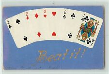 c1909 Postcard Hand of Tiny Playing Cards glued on, 4 of a Kind + Jack, Beat it picture