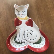 Vintage Hand painted sitting Cat Tray porcelain red hearts made in Italy picture