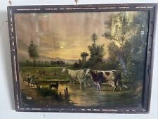Antique Wood Picture Frame Size 21” x 16” with Painting Country Landscape  Hills picture
