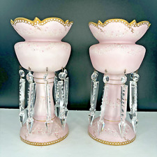 Pair 2 Victorian Pink Frosted Glass Mantle Lusters w/ Spear Cut Crystal Prisms picture