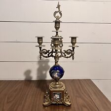 1920s Candelabra Ornate Imperial Italian Brass Cobalt Blue Candle Stick Holder picture