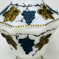 Anchor Hocking Hand Painted With Gold Leaf Milk Glass  Grapes  Leaf Candy Dish picture