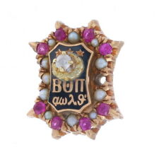 Yellow Gold Beta Theta Pi Badge - 14k Sapphire Ruby Seed Pearl Fraternity Pin picture