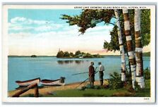 1935 Grand Lake Showing Island Birch Hill Boat Canoe Alpena Michigan MI Postcard picture
