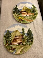 German Majolica 12” 3D Plates Chalet Forest/Mountains 4503, 4504, 2 Hand Painted picture