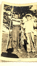 Vintage B&W Boys Fishing Catching Panfish Canes Poles Straw Hat Denim Jeans picture