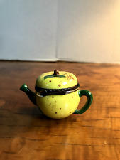 LIMOGES Teapot TRINKET BOX w SPOON CLOSURE Hand Painted Porcelain YELLOW & GREEN picture