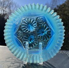 Antique Northwood Blue Opalescent Art Glass Ruffles & Rings 3-Toed Crested Bowl picture