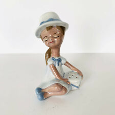 1970's Porcelain Smiling Girl With Basket Wearing Hat - Toothpick Holder picture