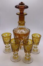 Small Vintage Amber Colored Etched Glass Decanter With 4 Glasses.  Deer, Trees picture