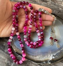 REAL Pink Agate Aqeeq Stone Islamic Prayer 99 beads, Tasbih, Misbaha Tasbeeh 8mm picture
