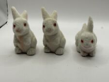 Set Of 3 Vintage Fuzzy Flocked White Rabbits With Pink Hong Kong Stickers picture