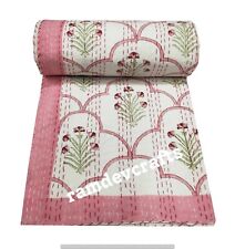 Indian Cotton Hand Block Print Twin Size Kantha Quilt Blanket Coverlet Bedding picture