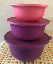 Tupperware Nesting Mixing Bowls w/ Lids Set Of 3 Plum, Radish, Coral w/ Matching picture