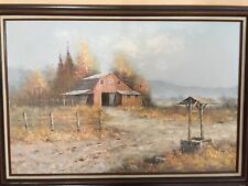 J Medina Original Oil Painting On Canvas, Country Barn, Framed, 35