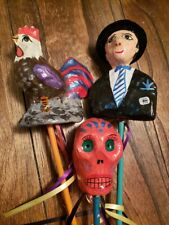 Vintage LOT Mexican Paper Mache Skull Rooster  Catrin Maraca Rattle Folk Art 19” picture