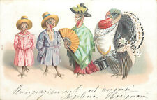 Dressed Turkey Postcard Very Fancy Lady Turkeys and Tom With a Badge on Tuxedo picture