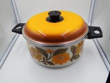 Vintage JMP Capri Enamelware Spain Double Handle Pot Lid Orange Retro Floral  picture