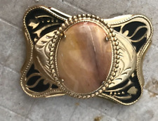 VINTAGE ornate polished agate WESTERN COWBOY belt buckle, cream and tan colors picture