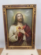 Antique Sacred Heart Jesus Hand Made Framed Religious Dated 1908-30's picture
