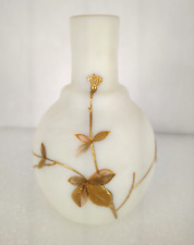 Antique White Satin Opaline Glass Vase Enameled Gold Leaves 4.5 Inch picture