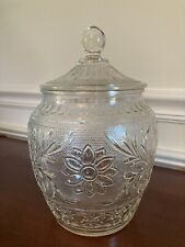 VINTAGE ANCHOR HOCKING SANDWICH GLASS Daisy PATTERN  BISCUIT COOKIE JAR W/ LID picture