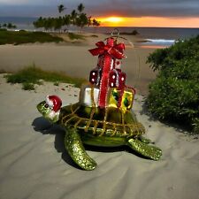 Christmas Tree Ornament Holiday Green Turtle with Gifts on Shell picture