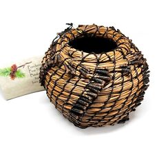 Pine Needle Basket Coiled Woven Natural Artisan Inez Gayl Bonwell Original Tag picture