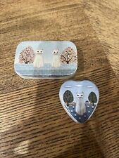 2 Laurence Art Kitty Cat Heart Shaped Metal Tin Box Switzerland Vintage 1984 picture