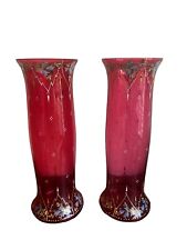 Victorian Cranberry Art Glass Enamel Floral Decorated Pair Of Vases picture