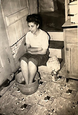 Vintage 1940's Photograph Woman Sitting on the Steps Soaking Her Feet Snapshot picture