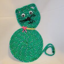 Vintage Kitchy Handmade Green Woven Cord Cat w/Googly Eyes Hot Pad or Decor 8