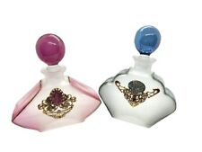 Pair of 2 Empty Frosted Glass Perfume Bottles with Stone Accents Pink Blue picture