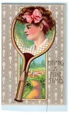 c1910 Beautiful Girl In Tennis Racket Having A Fine Time Posted Antique Postcard picture
