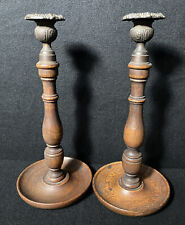 Vintage Antique Pair of Handmade Wood & Metal Candlesticks Candleholders - 12” picture