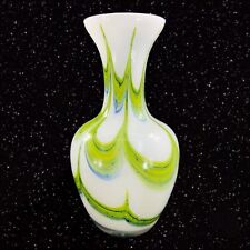 Vintage Pulled Feather Style Art Glass Vase White Blue Green Lines Glass Vase picture