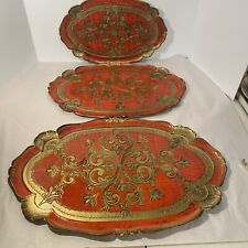 3 VTG FLORENTINE ORANGE AND GOLD GILD WOOD TRAY ITALY ‘BUSA’ See Photos For Size picture